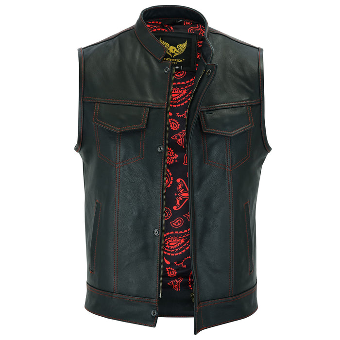 Front view of SOA Pre Waistcoat in black cow leather with red stitching and red & black paisley inner liner for men.