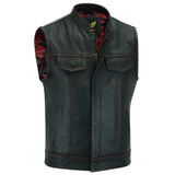 Front view of SOA Pre Waistcoat in black cow leather with red stitching and red & black paisley inner liner for men.
