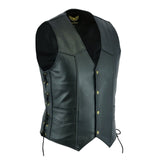 Front view of the Classic Side Pre Waistcoat for men, made with cow milled leather. Features include four real brass snaps with logo for front closure, two waist pockets, and adjustable side laces for waist size adjustment.