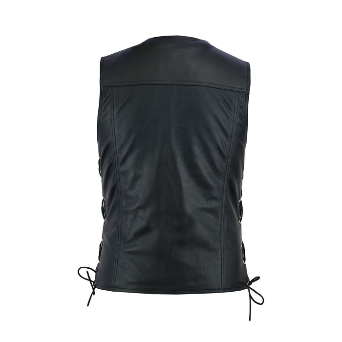 Back view of the Denim Style Side Lace Pre Waistcoat featuring four large back panels and side adjustment leather laces with reinforced eyelets.