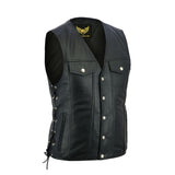 Side view of the waistcoat showcasing the adjustable leather side laces and reinforced eyelets for a secure fit.
