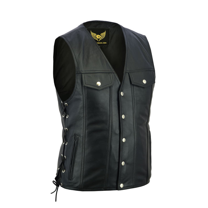 Side view of the waistcoat showcasing the adjustable leather side laces and reinforced eyelets for a secure fit.