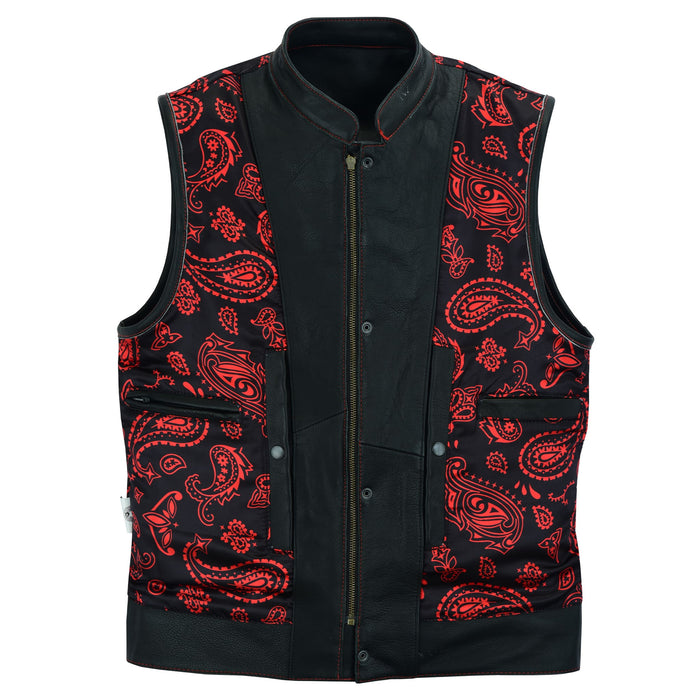 Inside view of SOA Pre Waistcoat featuring red and black paisley satin polyester liner and YKK brass zipper inner pocket