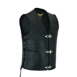 Side view of the waistcoat showcasing adjustable sheep leather laces threaded through reinforced eyelets for size adjustment.