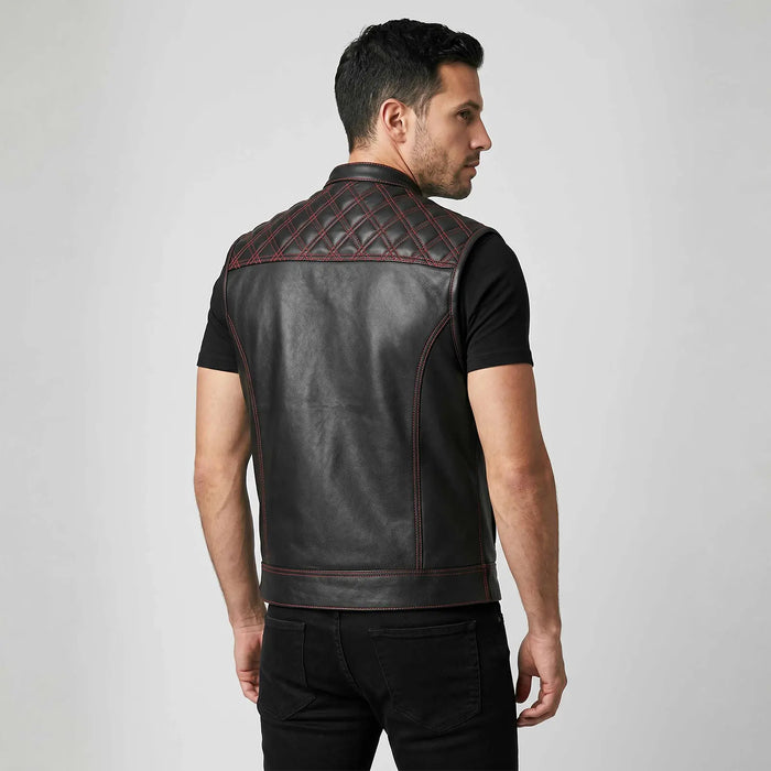 Leatherick Red Diamond Stitch Leather Vest