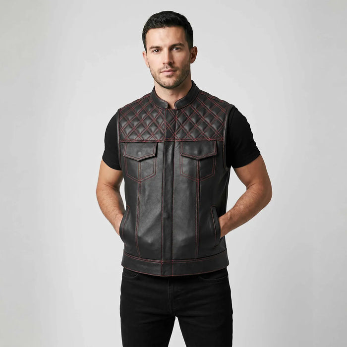 Leatherick Red Diamond Stitch Leather Vest