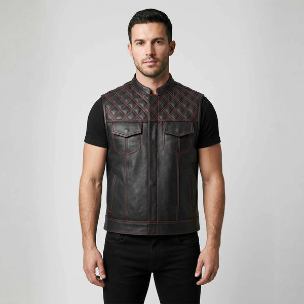 Leatherick Red Diamond Stitch Leather Vest