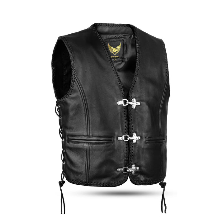 Side profile of Short Body Fish Hook Leather Waistcoat with adjustable leather side laces and reinforced silver eyelets.