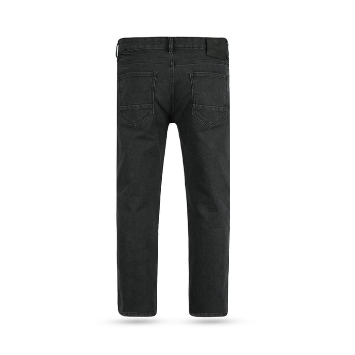 A rear flat view of men's black single-layer motorcycle riding jeans showing the waistband, back pockets, and durable denim finish.