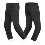 Front and rear view of men's black single-layer motorcycle riding jeans featuring Level AA protection and a modern slim-fit design.