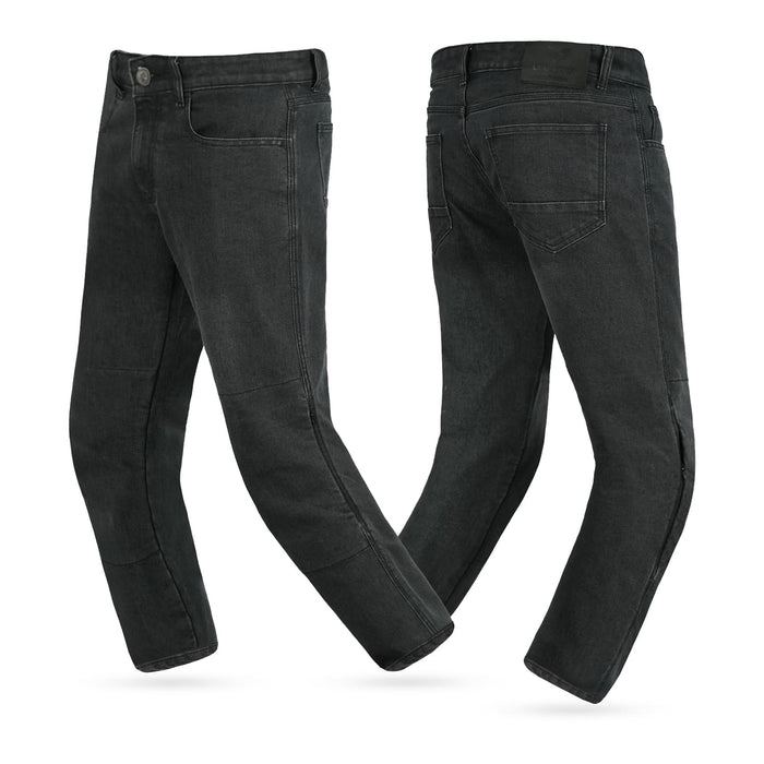 Front and rear view of men's black single-layer motorcycle riding jeans featuring Level AA protection and a modern slim-fit design.