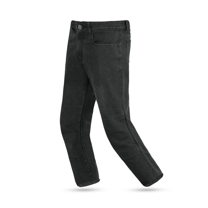 A front view of men's black single-layer motorcycle riding jeans featuring a classic five-pocket design and Level AA safety rating.