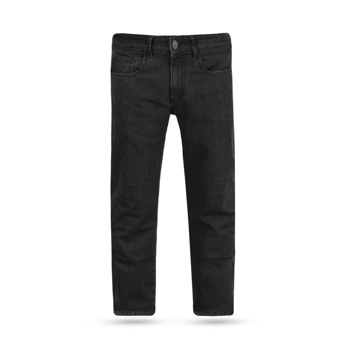 A front flat view of men's black single-layer motorcycle riding jeans featuring a classic five-pocket design and Level AA safety rating.