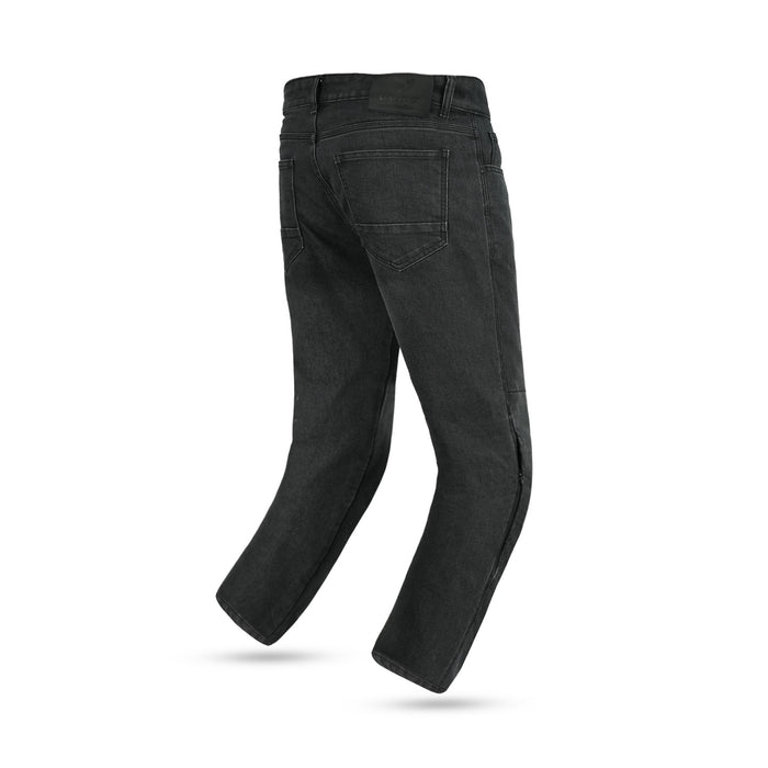 A rear view of men's black single-layer motorcycle riding jeans, showing the back pockets and durable denim construction.