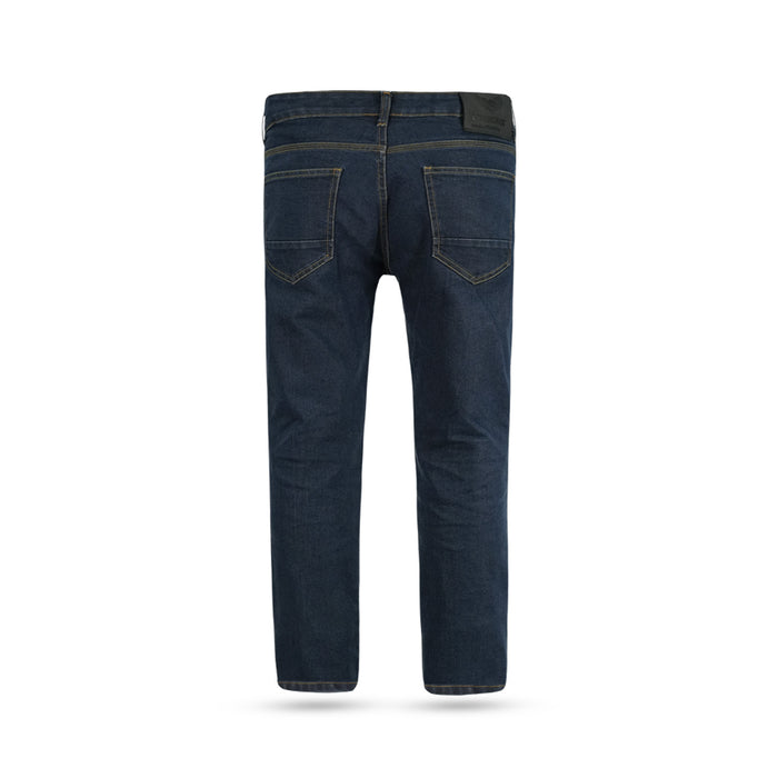 A flat rear view of men's blue single-layer motorcycle riding jeans showing the waistband, back pockets, and durable denim finish.