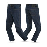 Front and back view of men's blue single-layer motorcycle riding jeans featuring Level AA protection and a slim-fit design.