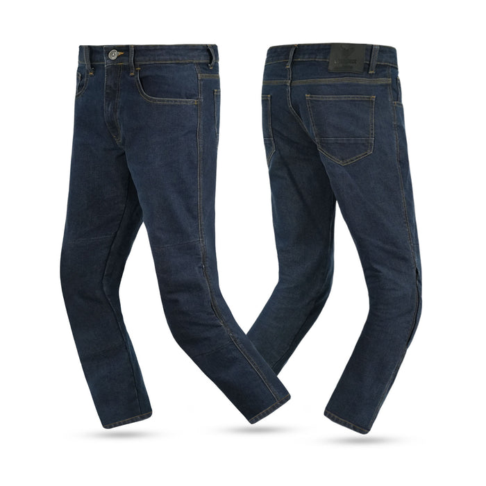 Front and back view of men's blue single-layer motorcycle riding jeans featuring Level AA protection and a slim-fit design.