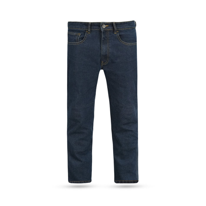 A front view of men's blue single-layer motorcycle riding jeans featuring a classic five-pocket design and Level AA safety rating.