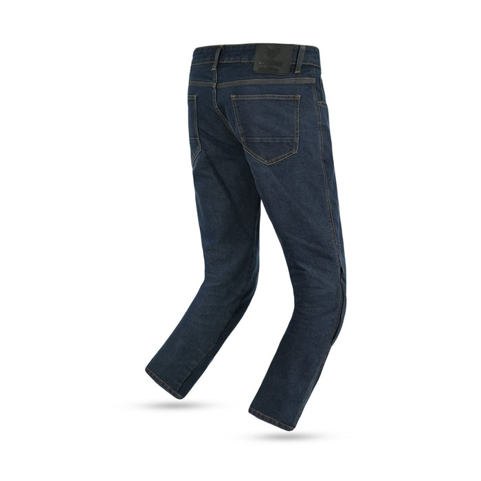 A rear view of men's blue single-layer motorcycle riding jeans, showing the back pockets and durable denim construction.