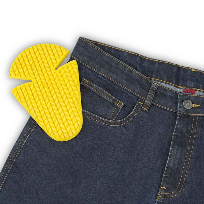 A close-up view of the waistband and front pocket of men's blue single-layer motorcycle riding jeans next to a yellow protective hip armor insert.