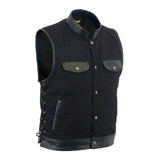 Side view of the waistcoat showing sheep leather laces threaded through 28 brass eyelets for adjustable waist fitting and leather trims accenting the armholes and waist border.