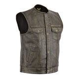 Side view of the SOA Collarless Distressed Brown Waistcoat, highlighting its clean, no-collar finish and smooth armhole stitching.