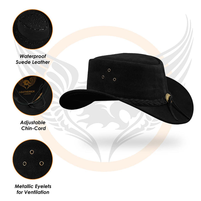 Leatherick Suede Black Aussie Style Bush Leather hat