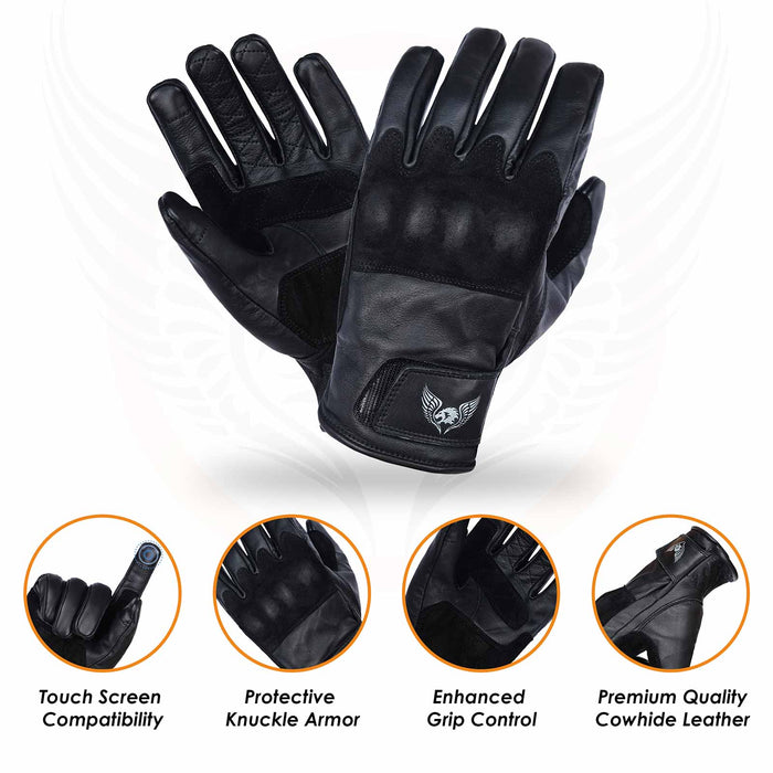 Thunder Grip Gloves Features - CE Certification, leather material, touchscreen compatibility, and knuckle armor details.