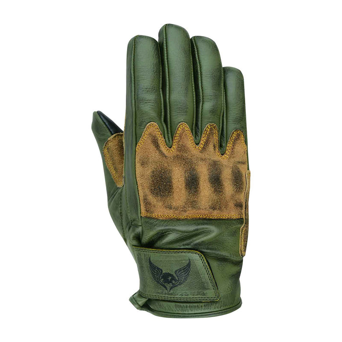 Thunder Grip Green Leather Glove - Front view displaying suede knuckle protection and reinforced finger panels.