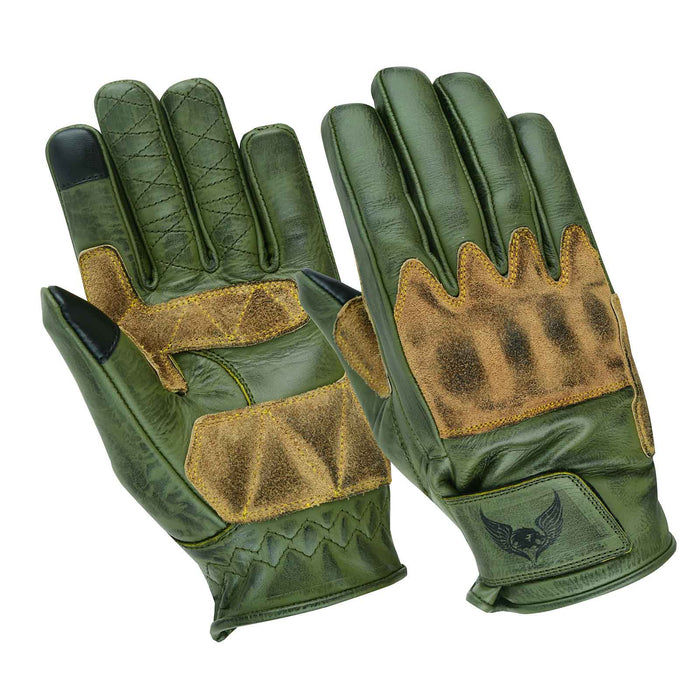 Thunder Grip Green Leather Motorbike Gloves - Front and back view showcasing suede knuckles and premium cowhide leather.