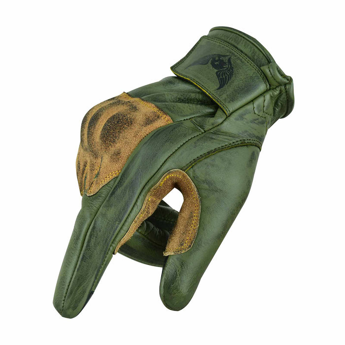 Model holding up Thunder Grip Green Leather Motorbike Gloves, showing detailed knuckle protection and sturdy wrist closures.