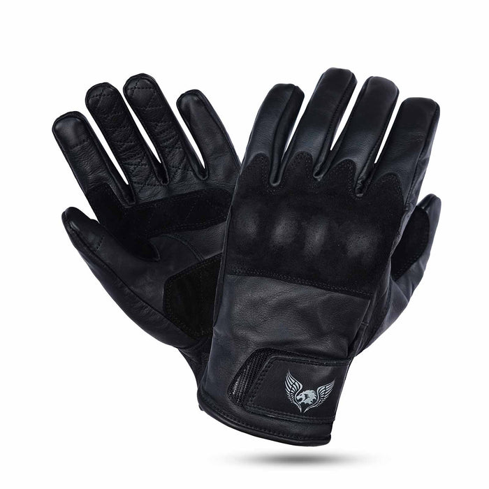 Thunder Grip Green Leather Motorbike Gloves - Front and back view showcasing suede knuckles and premium cowhide leather.