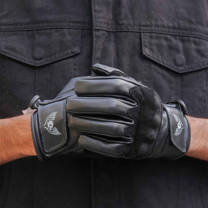 Model wearing Thunder Grip Green Leather Motorbike Gloves with suede knuckle armor and flexible wrist closure.