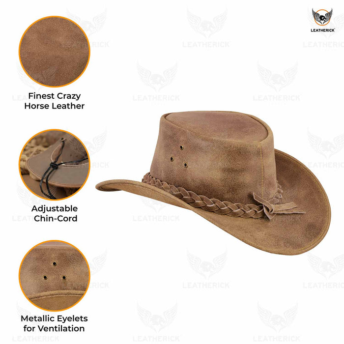 Leatherick Western Aussie Style Leather Cowboy Hat