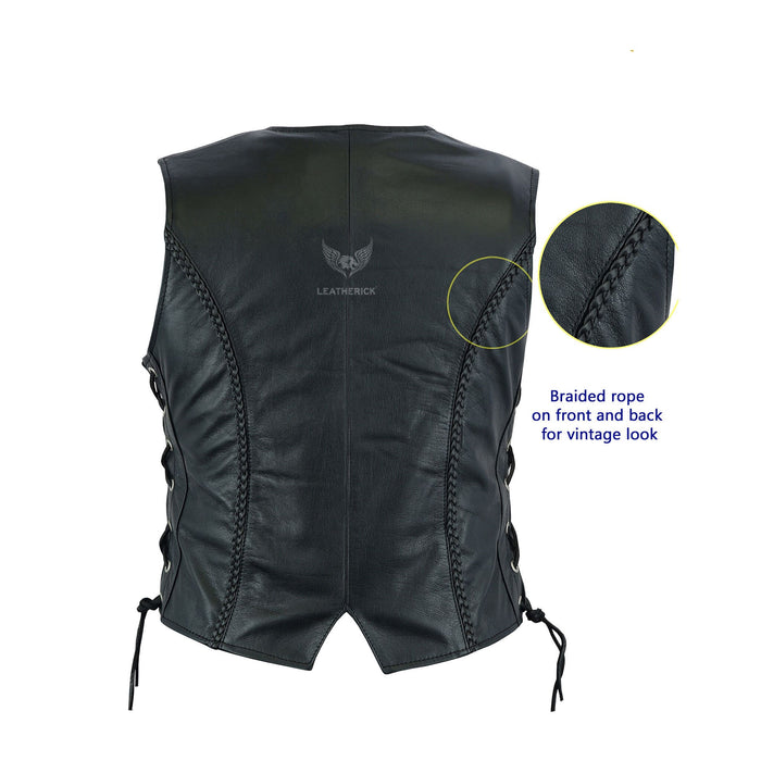Back - Leatherick Black Classic Biker Leather Vest